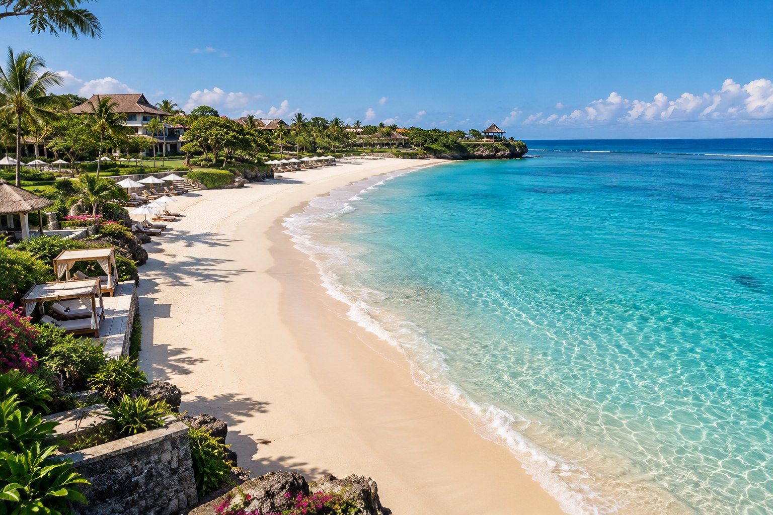 Bílý písek a klidná tyrkysová voda na pláži v Nusa Dua
