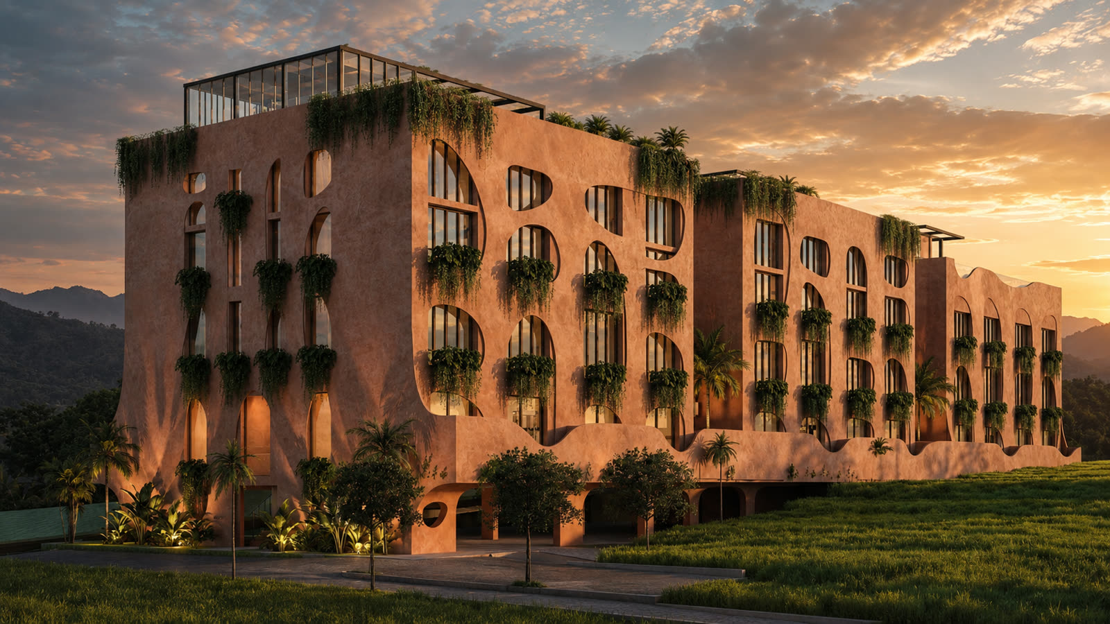 Ananta Canggu, the terracotta facade at sunset